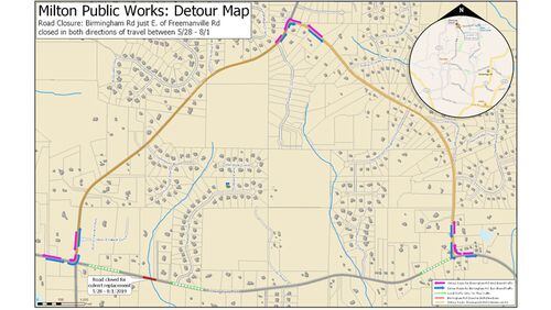 Map depicts the scheduled May 28-Aug. 1 closure of Birmingham Road in Milton for bridge and culvert construction. CITY OF MILTON