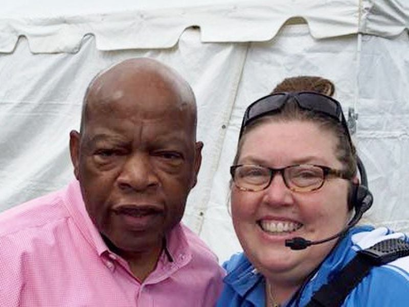 Sheila Merritt with Rep. John Lewis. Merritt was a long-time advocate for LGBTQ+ rights in Atlanta and elsewhere. Georgia's Rep. John Lewis was a long-time advocate for civil and human rights and attended Atlanta's Pride parade yearly.