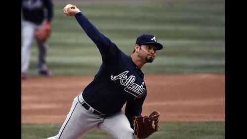 Anibal Sanchez is 1-0 with a 1.29 ERA in three games (two starts) for the Braves. He went on the 10-day disabled list Wednesday after straining a hamstring during pregame warm-ups. (AP Photo/Matt Marton)