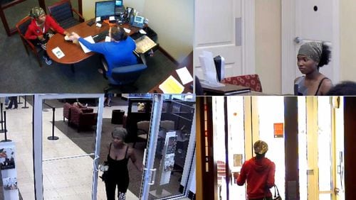 These surveillance photos show the suspect robbing a pair of banks in Marietta and Sandy Springs.