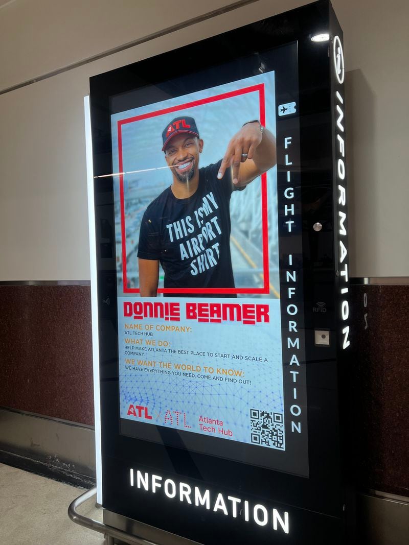 A display at Hartsfield-Jackson International Airport highlighting Donnie Beamer, senior technology advisor to Atlanta Mayor Andre Dickens, on Dec. 22, 2023. The display is part of the new ATL Tech Hub campaign.