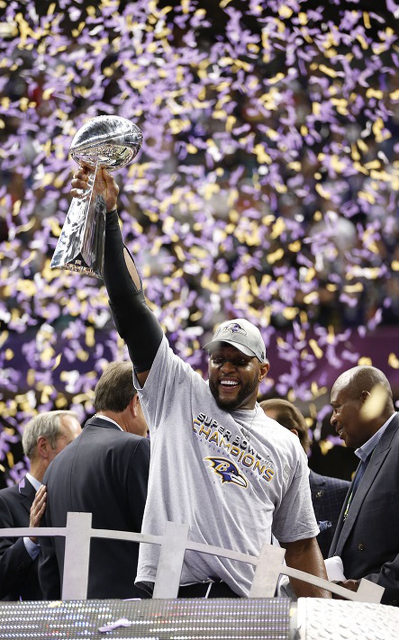 Ray Lewis of the Baltimore Ravens celbrates after a 34-31 win against the San Francisco 49ers in Super Bowl XLVII at the Mercedes-Benz Superdome in New Orleans, Louisiana, Sunday, February 3, 2013. (Mark Cornelison/Lexington Herald-Leader/MCT)