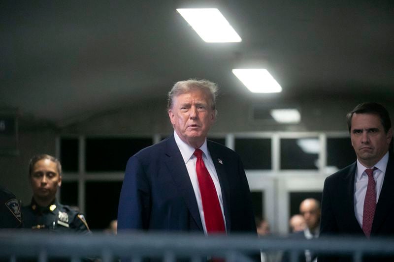 Republican presidential candidate, former President Donald Trump speaks to the media on the first day of jury selection during his trial at Manhattan Criminal Court Monday, April 15, 2024, in New York. (Michael Nagle/New York Post via AP, Pool)
