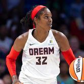 Atlanta Dream forward Cheyenne Parker (32) defends during a WNBA basketball game against the Dallas Wings, Saturday, May 7, 2022, in Arlington, Texas. Atlanta won 66-59. (AP Photo/Brandon Wade)