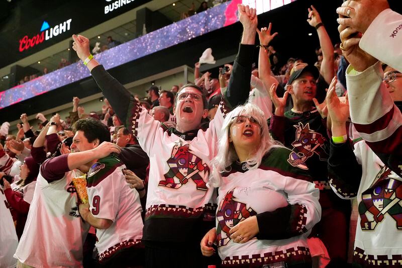 Arizona Coyotes fans celebrate an empty-net goal by Sean Durzi against the Edmonton Oilers during the third period of an NHL hockey game Wednesday, April 17, 2024, in Tempe, Ariz. The Coyotes won 5-2. (AP Photo/Ross D. Franklin)