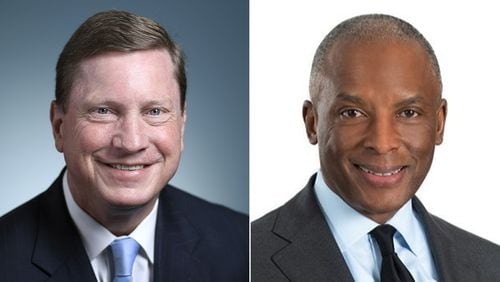 Thomas Fanning, left, is stepping down as executive chairman of Southern Company. Chris Womack, who currently leads the company as its CEO and president will take over as chairman Jan. 1. (James Schnepf & Contributed)