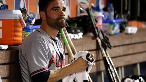 Braves starting pitcher Jaime Garcia sits in the dugout after pitching against the Miami Marlins, Wednesday, April 12, 2017, in Miami. (AP Photo/Lynne Sladky)