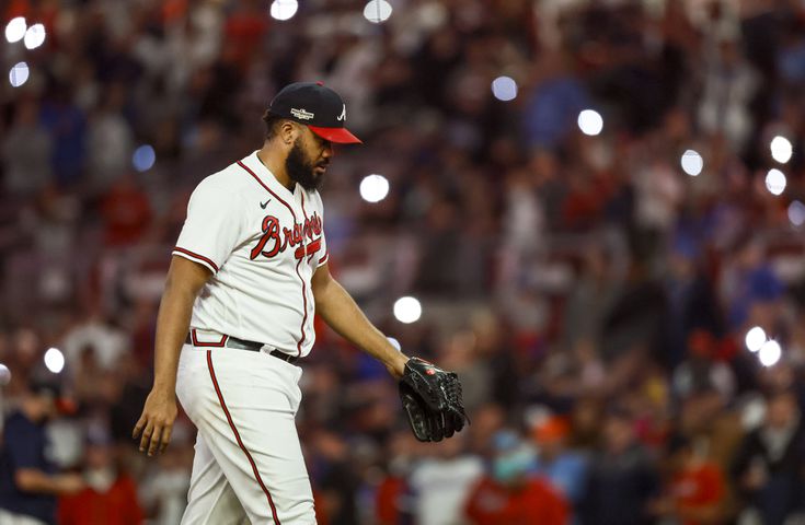 Atlanta Braves relief pitcher Kenley Jansen (74) arrives to close the ninth inning of game two of the National League Division Series against the Philadelphia Phillies at Truist Park in Atlanta on Wednesday, October 12, 2022. (Jason Getz / Jason.Getz@ajc.com)