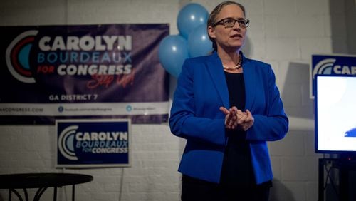 7th Congressional District Candidate Carolyn Bourdeaux, who is running against U.S. Rep. Rob Woodall, R-Ga, speaks to supporters at her election night party at Farmhouse 17, Tuesday, Nov. 6, 2018, in Norcross, Ga.  Branden Camp/Special