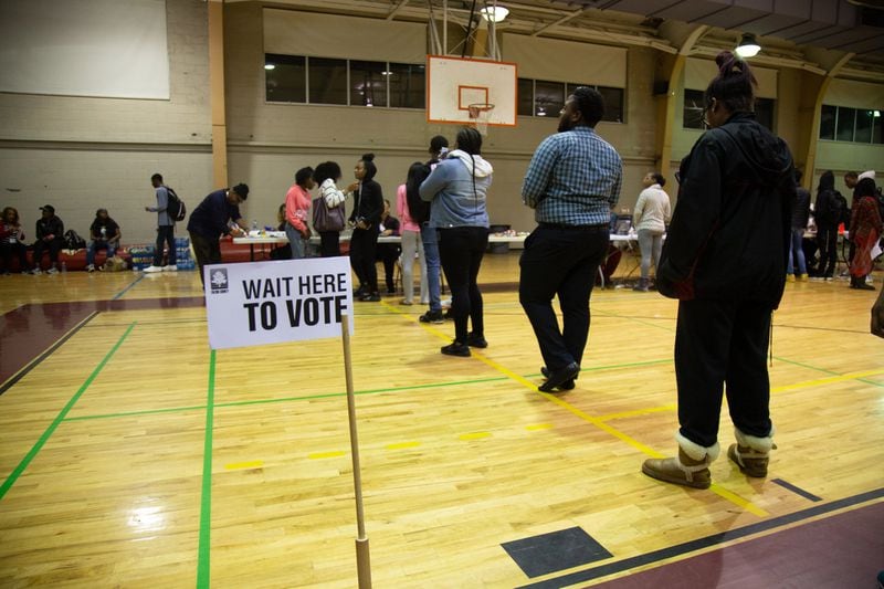 People were still voting at 9:30 p.m. Tuesday, Nov. 6, 2018, at Samuel H. Archer Hall at Morehouse College in Atlanta. STEVE SCHAEFER / SPECIAL TO THE AJC
