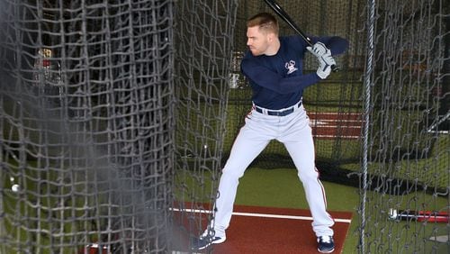 Braves first baseman Freddie Freeman takes his first swings of spring training on Feb. 16 at CoolToday Park in North Port, Fla.