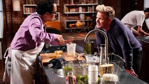 MASTERCHEF: Contestant Cesar (L) and host / judge Gordon Ramsay in the "Restaurant Takeover/Cooking with Heart" two-hour episode of MASTERCHEF airing Wednesday, Aug. 29 (8:00-10:00 PM ET/PT) on FOX. Â© 2018 FOX