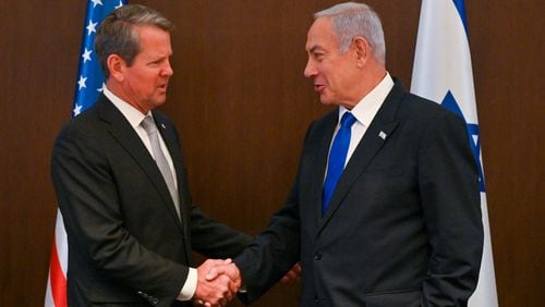 A trade delegation led by Gov. Brian Kemp, left, held a closed-door meeting with Israeli Prime Minister Benjamin Netanyahu. During that meeting, Netanyahu asked Kemp and others about the status of legislation in Georgia that would target antisemitism. Kemp’s executive counsel, David Dove, told Netanyahu that the measure would be up for debate again in 2024. Israel GPO/Kobi Gideon