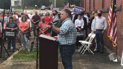 Congressman Drew Ferguson, R-West Point, addresses the crowd during a campaign event on Tuesday, Oct. 27, 2020, in Manchester, Ga.