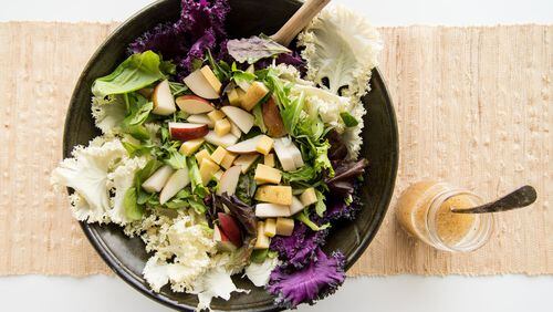 Tricolore Salad With Thomasville Tomme and German-style Wheat Beer Dressing. Photo by Mia Yakel. Recipes and styling by Lisa Hanson.