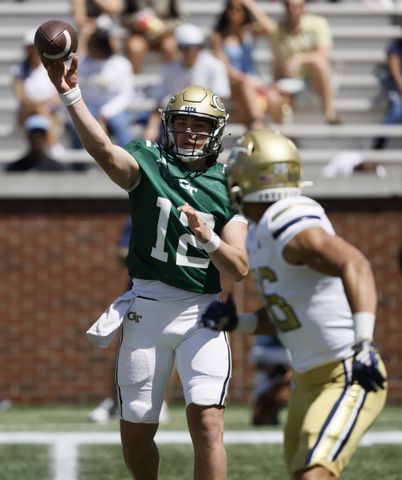 Georgia Tech quarterback Aaron Philo (12) passes in the fourth quarter during the Spring White and Gold game at Bobby Dodd Stadium at Hyundai Field In Atlanta on Saturday, April 13, 2024.   (Bob Andres for the Atlanta Journal Constitution)