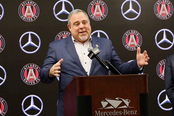 Atlanta United CEO/President Garth Lagerwey chats with the media during a news conference Tuesday in Atlanta.  (Miguel Martinez / miguel.martinezjimenez@ajc.com)
 