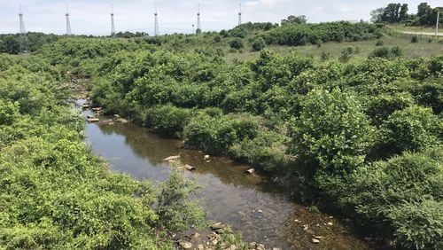 Flint River south of Hartsfield-Jackson International Airport, with the approach lights of the fifth runway in the background.