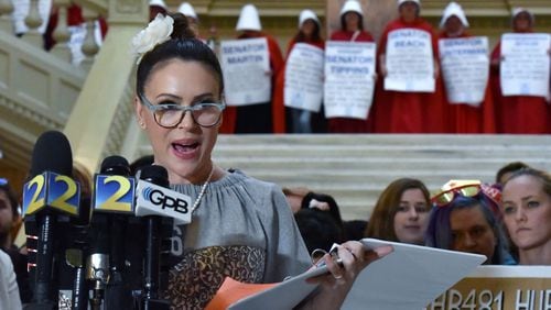 Actress Alyssa Milano speaks to members of the press after she delivered her boycott-threatening letter to Gov. Brian Kemp, urging him not to sign HB 481, the anti-abortion “heartbeat” bill. HYOSUB SHIN / HSHIN@AJC.COM