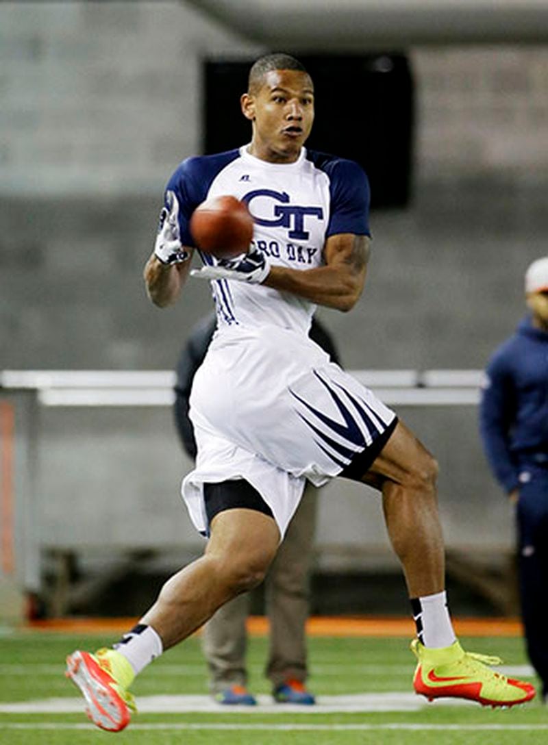 Darren Waller catches a pass during a football drill at NFL Pro Day at Georgia Tech Friday, March 13, 2015, in Atlanta. (AP Photo/David Goldman) Darren Waller did take part in catching drills. (AP)