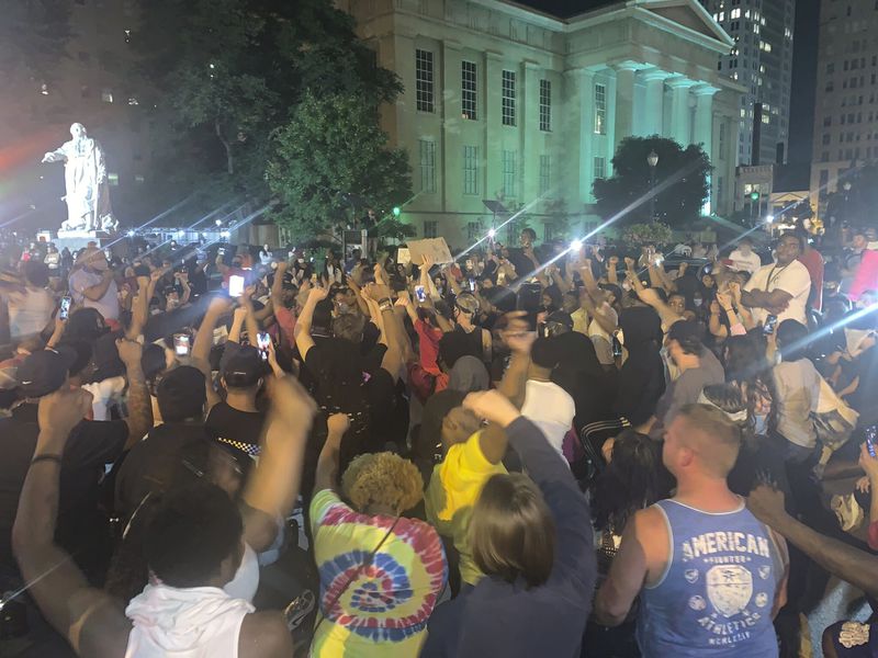 In a photo provided by Jada W., protesters gather in downtown Louisville. The demonstrations continued early Friday.