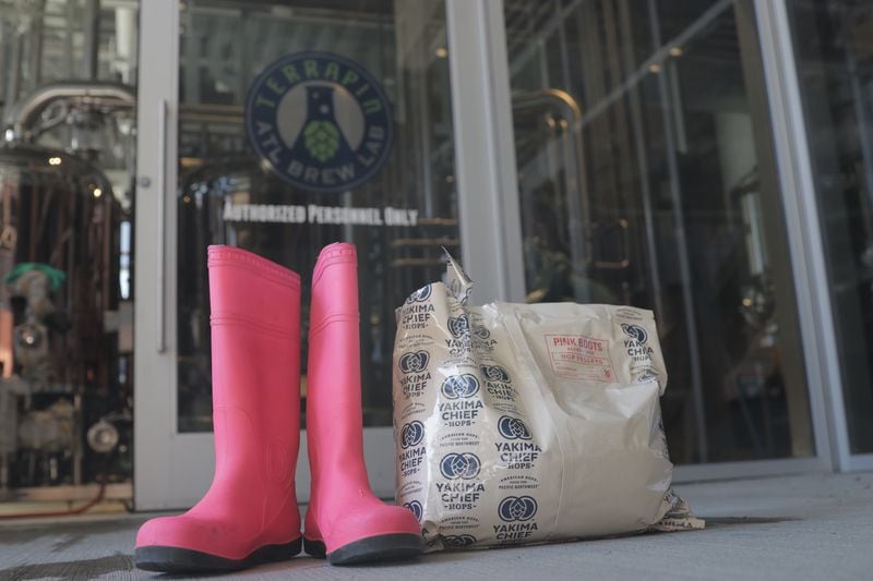 Pink boots with the Pink Boots hop blend from Yakima Valley at Terrapin's ATL Brew Lab. (Courtesy of Kevin Roberts)