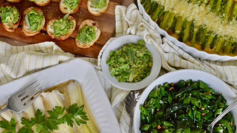 You can celebrate spring green vegetables with Fava Bean Toasts (clockwise from top left), Asparagus, Mushroom and Sausage Gratin, Sugar Snap Pea Salad with Pecans and Mint and Chilled Classic Leeks Vinaigrette. Courtesy of Virginia Willis