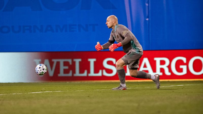 Goalkeeper Brad Guzan sends Atlanta United on the attack during MLS tournament matchup against Columbus Tuesday, July 21, 2020, in Orlando, Fla.