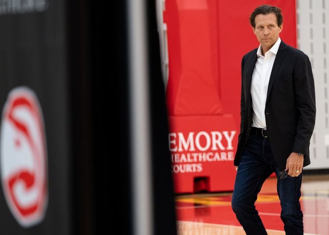 230227-Brookhaven-New Hawks Head Coach Quin Snyder walks to a press conference Monday afternoon, Feb. 27, 2023. Ben Gray for the Atlanta Journal-Constitution
