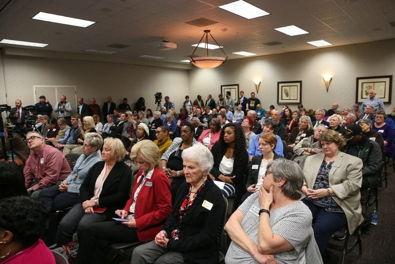 Attendees fill the room during an emergency hearing held by the State Election Board at the Georgia Center for Continuing Education in Athens on Wednesday. The hearing involved a decision by Athens election officials to switch to paper ballots filled out by hand out of concern that votes be cast in secret. (Photo/Austin Steele for The Atlanta Journal Constitution)