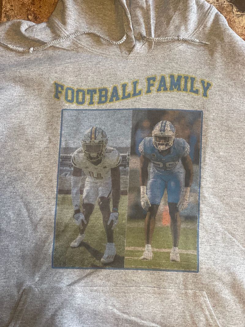 The family of Georgia Tech safety Derrik Allen and his younger brother Marcus, a North Carolina defensive back, had special sweatshirts made for the Yellow Jackets-Tar Heels game Nov. 19, 2022 in Chapel Hill, N.C. (Photo courtesy Allen family)