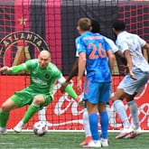 May 29, 2021 Atlanta - Atlanta United goalkeeper Brad Guzan (1) is not able to block a shot during the second half in a MLS soccer match at Mercedes-Benz Stadium in Atlanta on Saturday, May 29, 2021. The game ended with 2-2. (Hyosub Shin / Hyosub.Shin@ajc.com)