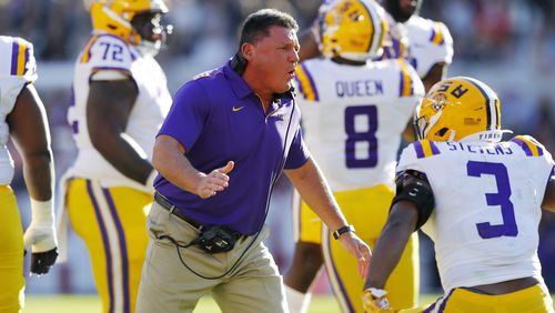 LSU recovers an Alabama fumble last month and Tigers head coach Ed Orgeron is quite excited. (Photo by Kevin C. Cox/Getty Images)