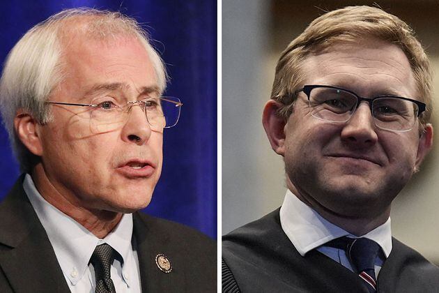 Former Democratic U.S. Rep. John Barrow, left, has focused his campaign to unseat state Supreme Court Justice Andrew Pinson on a pledge to protect abortion rights.