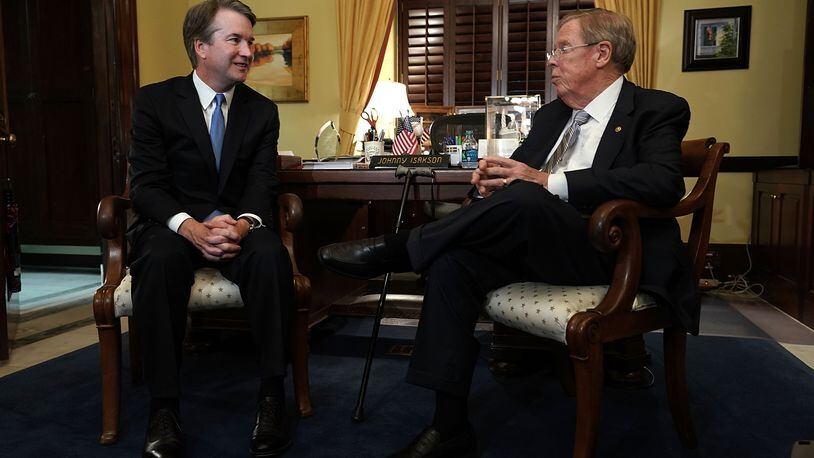 U.S. Sen. Johnny Isakson, R-Ga., right, meets with Supreme Court nominee Judge Brett Kavanaugh in his office on Capitol Hill on July 17, 2018 .  (Photo by Alex Wong/Getty Images)