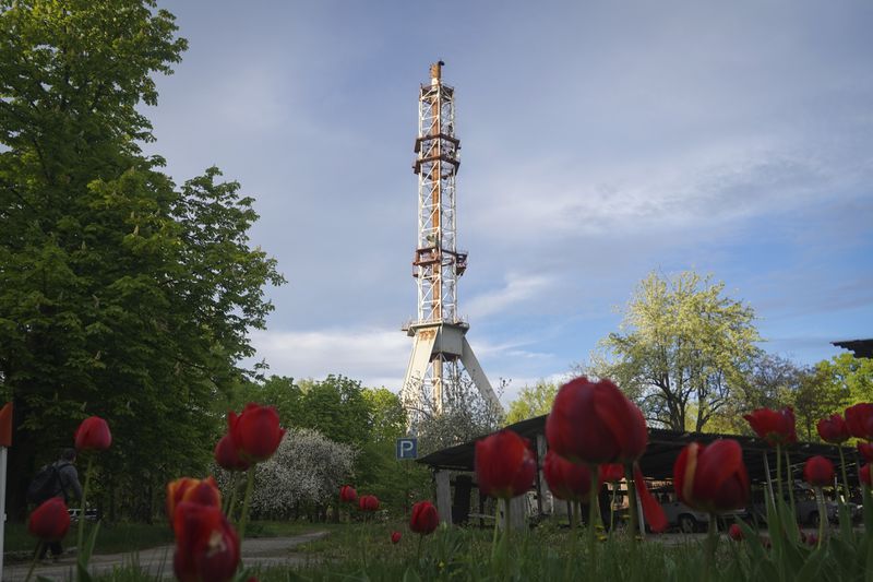 A view of the television tower broken in half after it was hit by a Russian missile in Kharkiv, Ukraine, Monday, April 22, 2024. (AP Photo/Andrii Marienko)