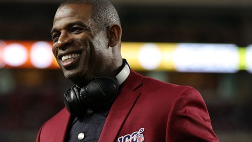 Deion Sanders of the NLF 100 All-Time Team is honored on the field prior to Super Bowl LIV between the San Francisco 49ers and the Kansas City Chiefs at Hard Rock Stadium on Feb. 2, 2020 in Miami, Florida. (Photo by Maddie Meyer/Getty Images/TNS)