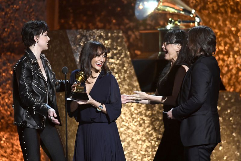 (L-R) Rashida Jones, Alan Hicks and Paula DuPré Pesmen accept Best Music Film for 'Quincy' at the premiere ceremony during the 61st annual GRAMMY Awards at Staples Center on February 10, 2019 in Los Angeles, California. (Photo by Kevork Djansezian/Getty Images)