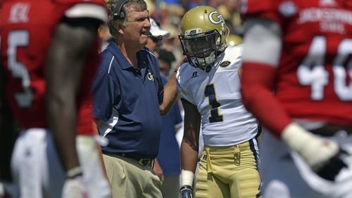 Georgia Tech head coach Paul Johnson instructs running back Qua Searcy (1) during the first half of an NCAA college football game against Jacksonville State, Saturday, Sept. 9, 2017 in Atlanta. Georgia Tech defeated Jacksonville State 37-10. AJC photo by Hyosub Shin