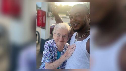 JaQuan Sanks takes a selfie with Barbara Kimbro on Sept. 5, 2022, at the Circle K gas station at 5919 Miller Road in Columbus. Kimbro says Sanks saved her from falling backward after she lost her balance while stepping onto the curb. Her Facebook post about the incident has gone viral. (Courtesy of Barbara Kimbro/Facebook)