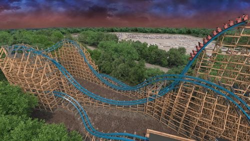 This artist’s rendering shows the Twisted Cyclone coaster descending the ride’s first drop. The Twisted Cyclone will incorporate part of the structure of the former Georgia Cyclone ride. CONTRIBUTED BY SIX FLAGS OVER GEORGIA