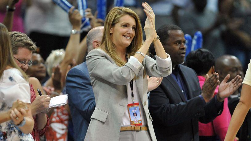 Atlanta Dream co-owner Kelly Loeffler cheers for the team during 2nd half action in the home opener at Philips Arena in Atlanta on Friday, May 25, 2012. Atlanta Dream won 100 - 74 over the New York Liberty. HYOSUB SHIN / HSHIN@AJC.COM