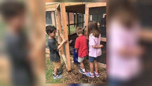 Lovin Elementary student Aiden Williams opens the door to the school's walk-in chicken coop for siblings Katherine and Adrian Deventure. (Photo contributed)