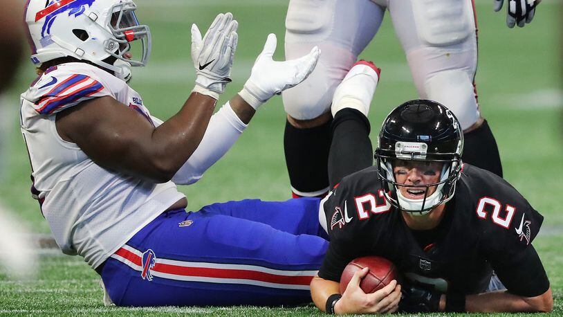 Bills defensive tackle Cedric Thornton celebrates  sacking Falcons quarterback Matt Ryan during the second half Sunday, Oct. 1, 2017, in Atlanta.