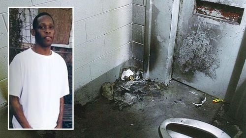 Thomas Giles (left) died after being left for more than three hours in his cell as a smoldering fire filled it with dense smoke. The flap on his door was bolted shut most of the time, concentrating the smoke. His family's attorney said that smears on the door show where Giles, his hands covered with soot, tried to get someone to let him out. (Family photo; GDC case file)