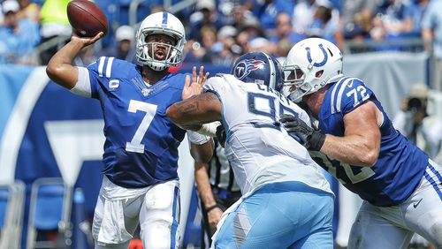 Quarterback Jacoby Brissett of the Indianapolis Colts throws a pass against the Tennessee Titans. (Photo by Frederick Breedon/Getty Images)