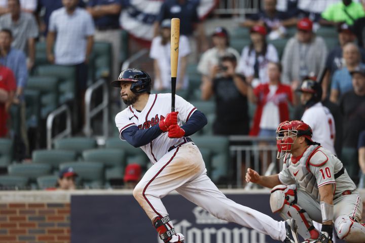 Atlanta Braves' Travis d'Arnaud grounds out to end game one of the baseball playoff series between the Braves and the Phillies at Truist Park in Atlanta on Tuesday, October 11, 2022. (Jason Getz / Jason.Getz@ajc.com)