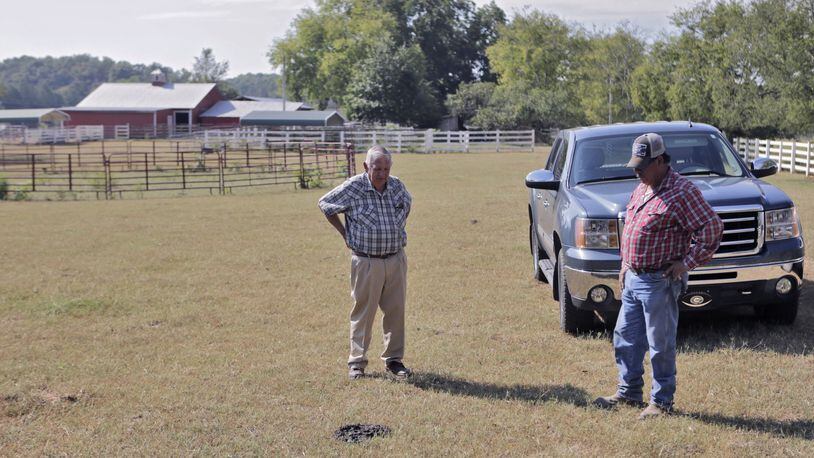 September 15, 2016 - Gordon County - Milton Stewart, 79, and his foreman, Rigo Orozco, discuss a spraying strategy for this field which they found to be infested with army worms. He has several hay fields in and around Gordon county that have been decimated by drought and army worms. Northwest Georgia is the hardest hit corner of drought-plagued Georgia. Some counties have lost 85% of hay and cotton crops to drought and army worms. BOB ANDRES /BANDRES@AJC.COM