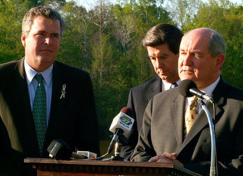 Then-Gov. Jeb Bush of Florida, Gov. Bob Riley of Alabama and Gov. Sonny Perdue of Georgia (as shown from left to right) meet in 2003 to discuss water sharing.