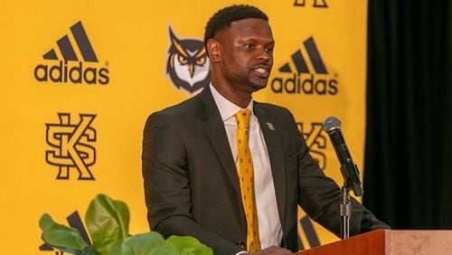 Kennesaw men's basketball coach Antoine Pettway speaks at his introductory press conference Wednesday, April 12, 2023. (Dave Williamson/Kennesaw State)